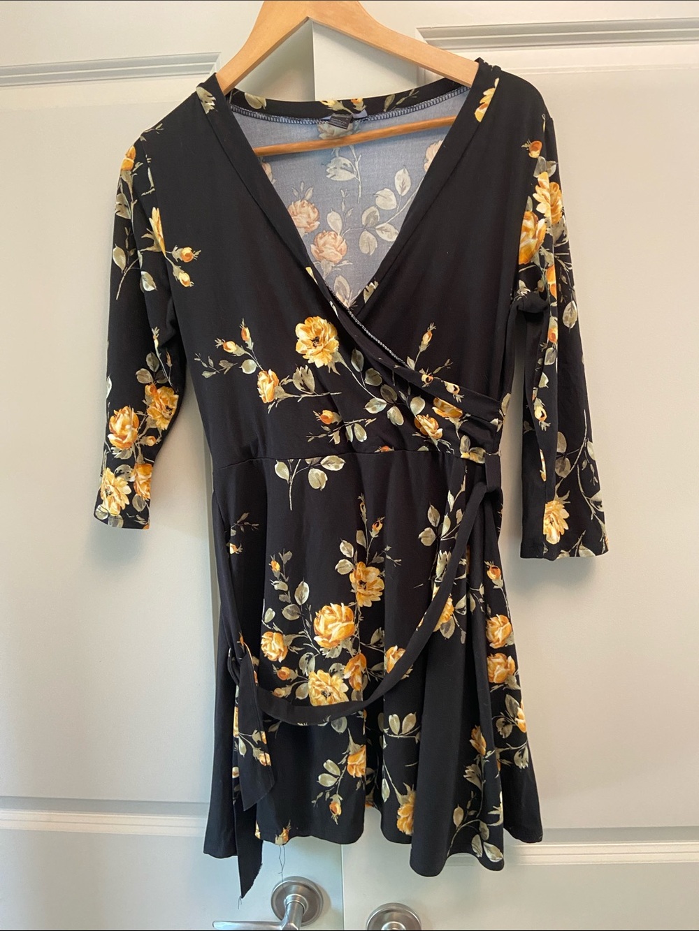 Streetwear Society Black Wrap Dress with Yellow Floral Print